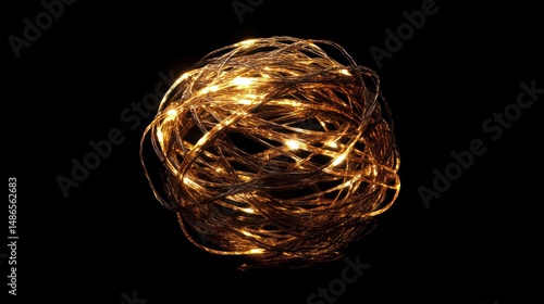 Golden led string lights tangled ball warm yellow glowing illumination dark background