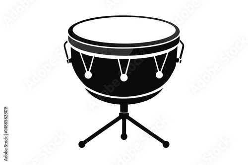 An isolated timpani, displayed in simple black and white, is standing with a unique elegance