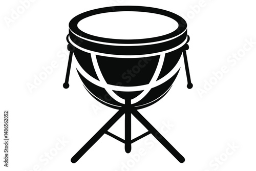 An illustration depicts a timpani on a tripod stand, rendered in a simple black silhouette