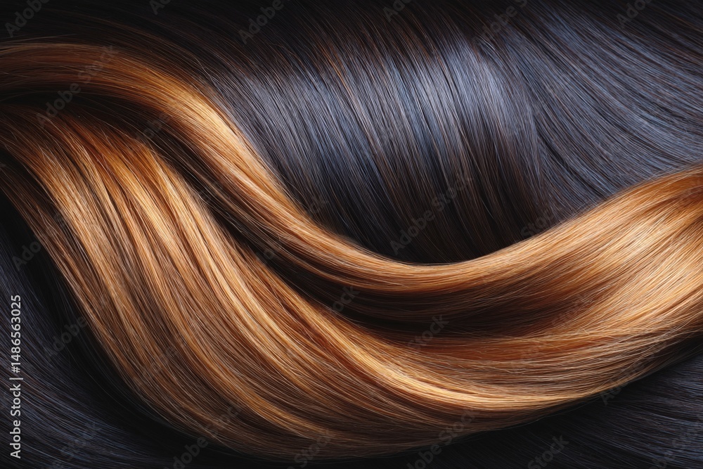 Fototapeta premium Beautiful wavy hair with rich brown and golden shades displayed against a dark background