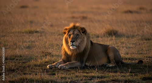 Majestic lion lying on savannah grassland under golden hour light