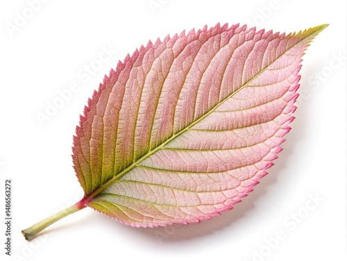 Single pink and green leaf closeup with serrated edges on white background