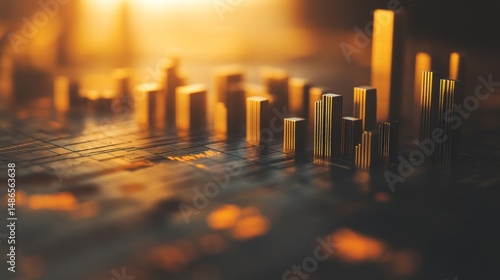 Golden cityscape miniature buildings at sunset business and technology concept