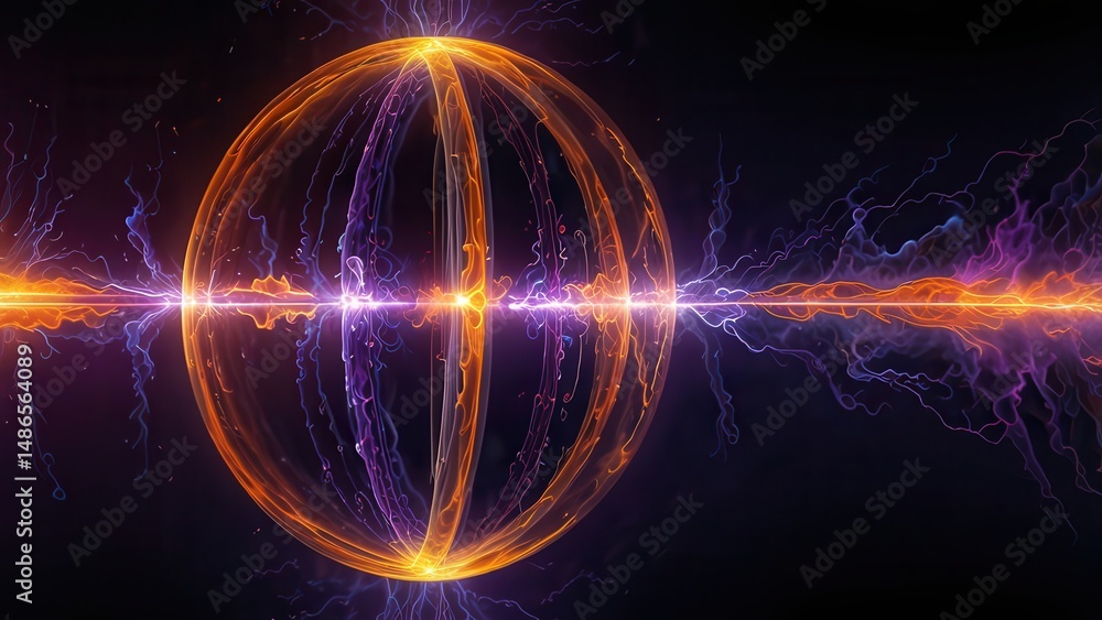 Obraz premium Orbital Plasma Formation in Purple and Orange, High-Energy Abstract Science
