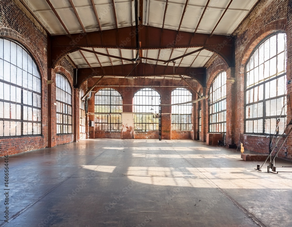 Fototapeta premium spacious vintage industrial warehouse interior with tall arched windows and brick walls