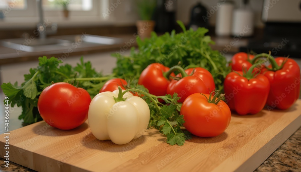 high resolution image of fresh vegetables on a wooden cutting board in a kitchen. high resolution image of fresh vegetables on a wooden cutting board in a kitchen.