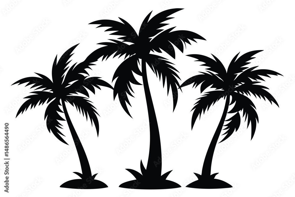 Fototapeta premium Three dark palm trees stand majestically against a white backdrop, showcasing nature's iconic silhouette