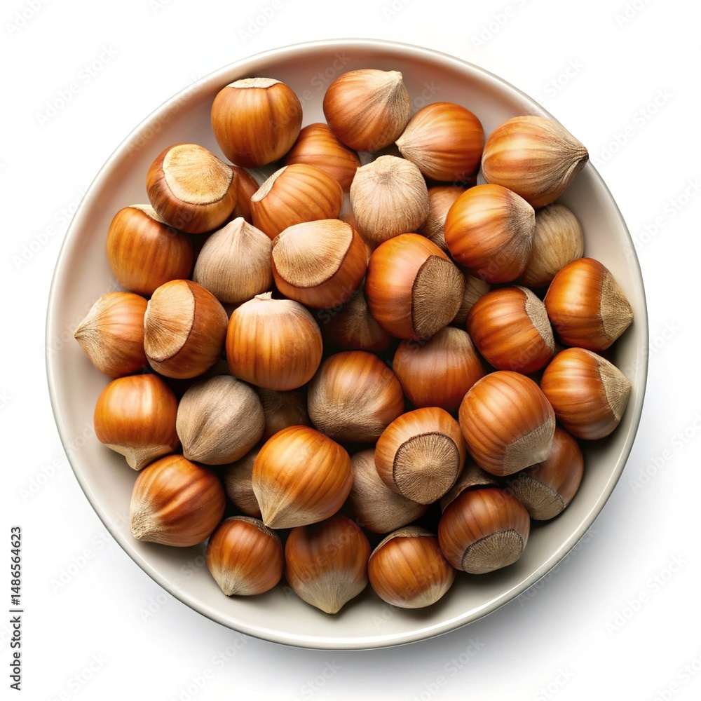 Bowl filled with a collection of brown hazelnuts on a white surface Bowl filled with a collection of brown hazelnuts on a white surface