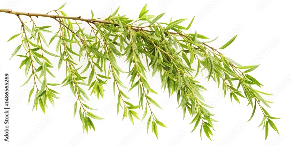 A single willow branch with narrow green leaves on a white background