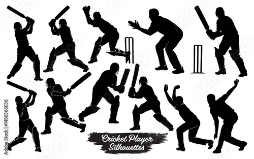 Silhouettes of cricket players in various action poses isolated on a white background