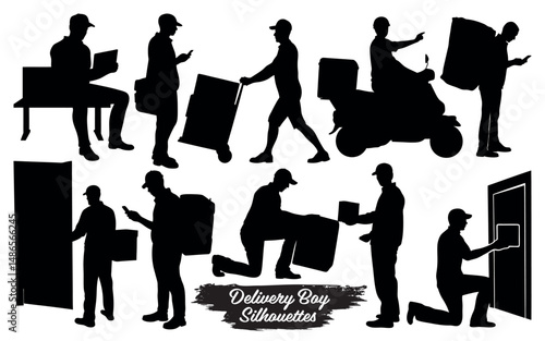 Silhouettes of delivery boy in various poses delivering packages isolated on a white background