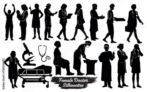 Silhouettes of female doctors, nurses, and medical personnel in various poses and with medical equipment isolated on a white background