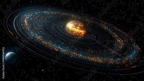 Orbit diagram Planet Nine positioned and hypothetical comet stream paths Planet Nine Influence Simulation Orbital perturbation render Digital concept art Digital art