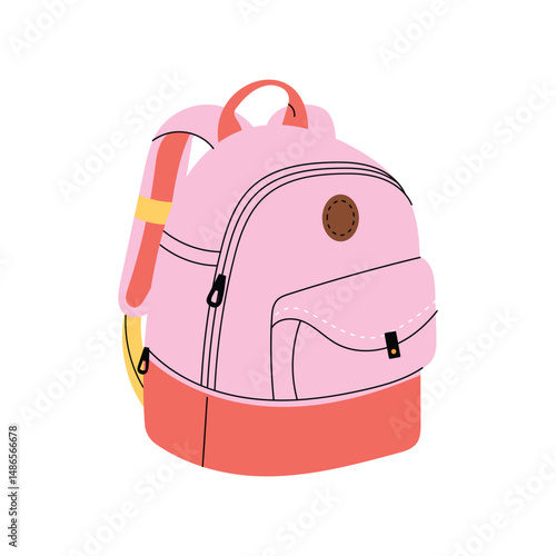 Backpack with pink body and orange base. School bag with front pocket, zipper details, and soft shapes. Isolated on white background.
