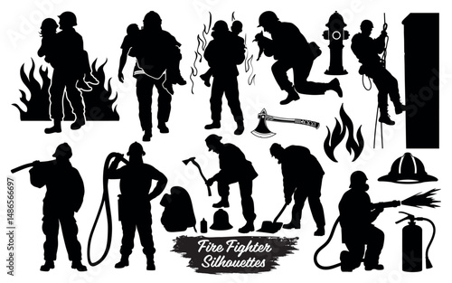 Silhouettes of firefighters in various rescue and firefighting actions isolated on a white background
