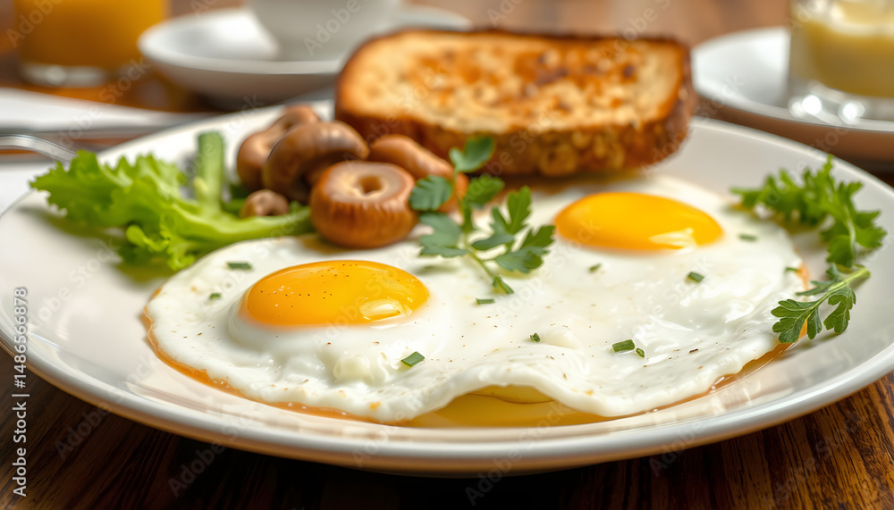 Sunny breakfast spread with golden fried eggs, fresh vegetables, sautéed mushrooms, and crisp toast from above, one line art. with white shades Sunny breakfast spread with golden fried eggs, fresh vegetables, sautéed mushrooms, and crisp toast from above, one line art. with white shades