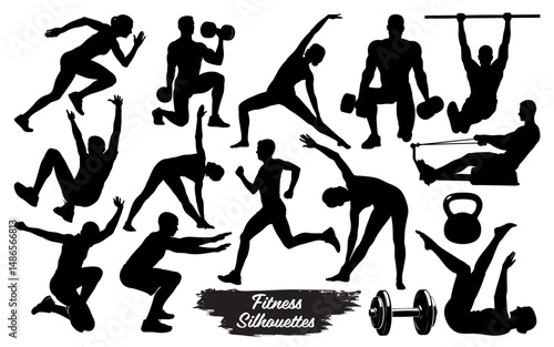 Collection of fitness silhouettes performing various exercises on a white background