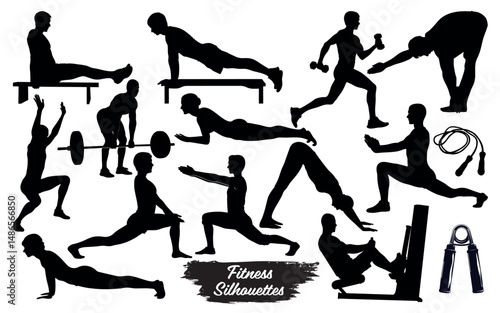 Silhouettes of people doing various fitness exercises on a white background