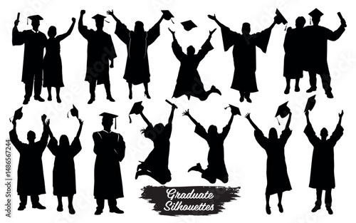 Silhouettes of graduates celebrating their graduation isolated on a white background