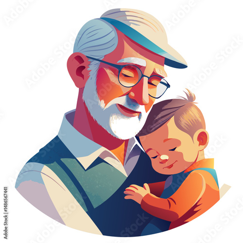 Grandpa holding sleeping child - silver-haired grandfather tenderly cradling sleeping infant, warm light creating atmosphere of unconditional love and heartwarming generational bond.