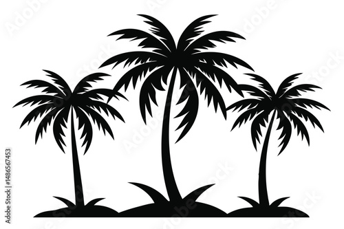 Three palm trees form a black silhouette against a stark white background, clearly standing out
