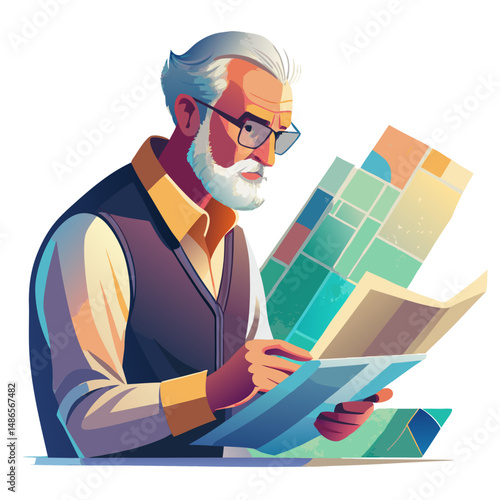 Senior man studying map - experienced retiree intently examining map, his focused gaze and well-groomed gray beard reflecting passion for travel and world exploration.