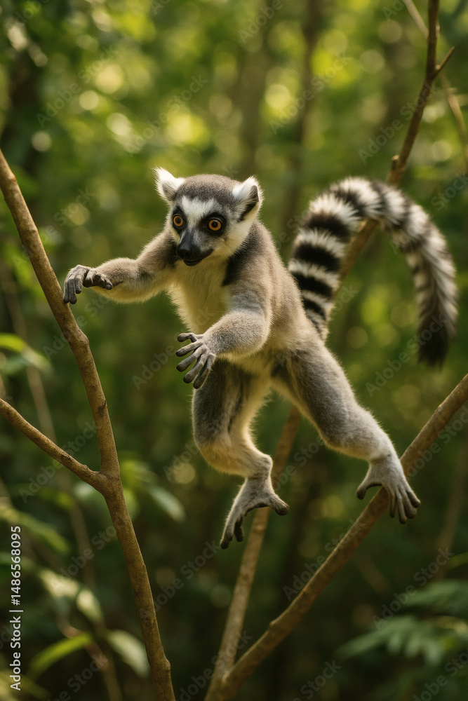 Obraz premium Ring-tailed lemur mid-jump in lush green forest, showcasing wildlife agility and Madagascar jungle habitat