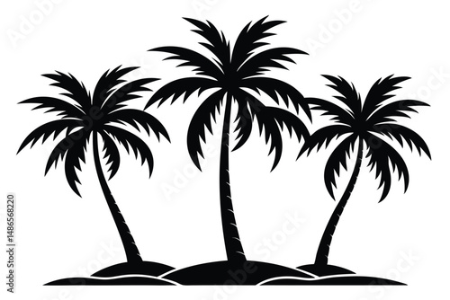 Black silhouettes of three palm trees rise elegantly from a tropical island setting
