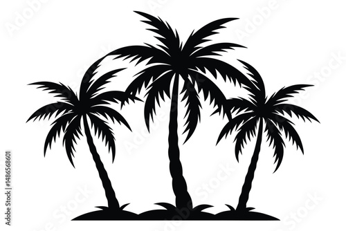 Three black palm trees stand silhouetted against a white background evoking tropical summer
