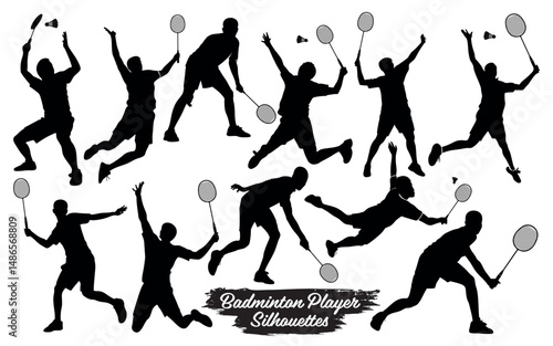 Silhouettes of badminton players in various action poses with racquet and shuttlecock