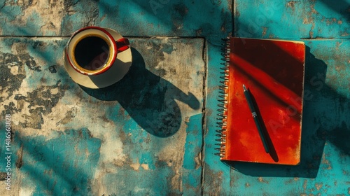 Coffee cup spiral notebook and pen on rustic blue surface