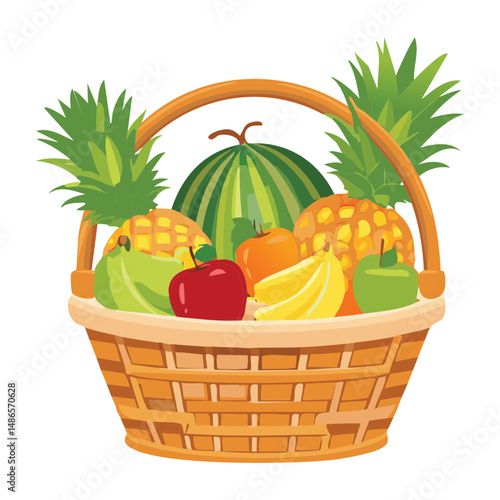 Basket Filled with Summer Fruit - Vector Illustration