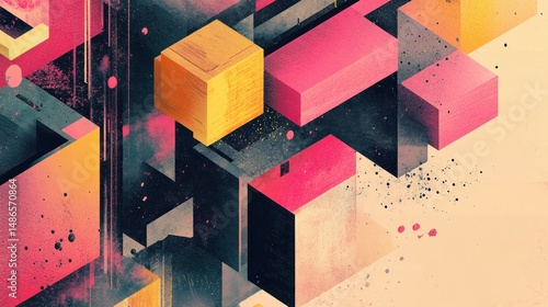 Geometric abstract background with pink and yellow cubes
