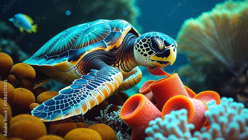 Fototapeta premium Hawksbill Sea Turtle (Eretmochelys imbricata) Among Sponges