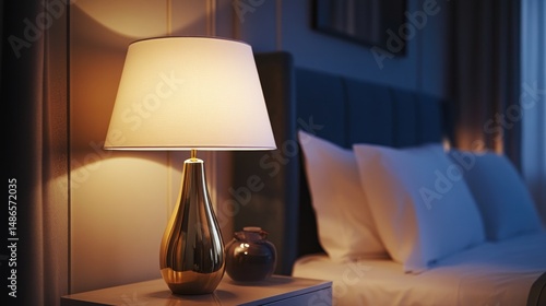 Illuminated gold table lamp on nightstand beside bed with white pillows