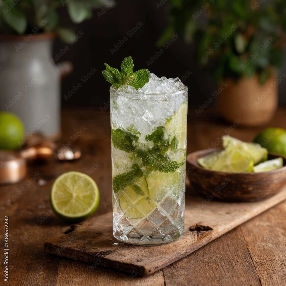 Fototapeta premium A refreshing mojito in a tall elegant glass. Ice mint lime and rum in harmony. Pure visual and gustatory delight.