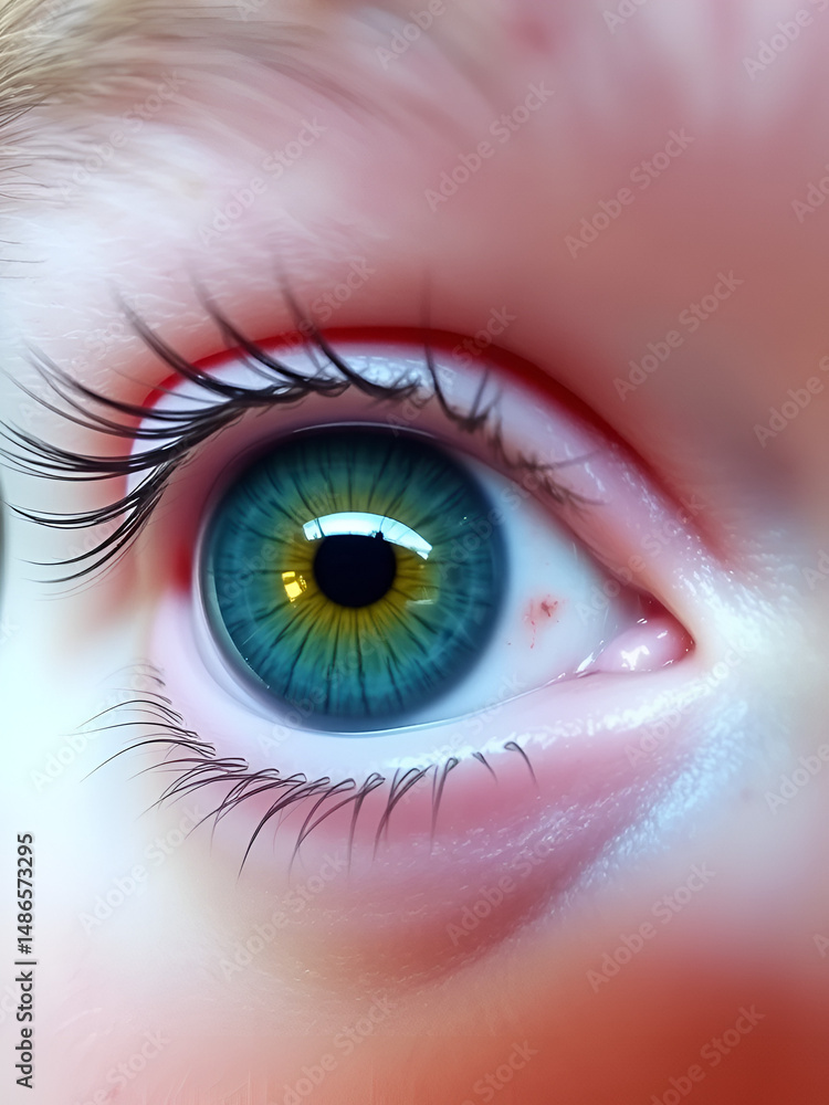 Fototapeta premium Close-Up View Of A Person'S Eye With Visible Symptoms Of Cancer, Including Dilated Pupils, Swollen Eyelids, And Redness