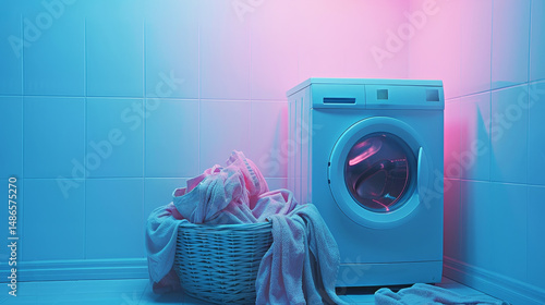 White washing machine by pastel clothes basket  minimalistic home laundry scene with soft colors