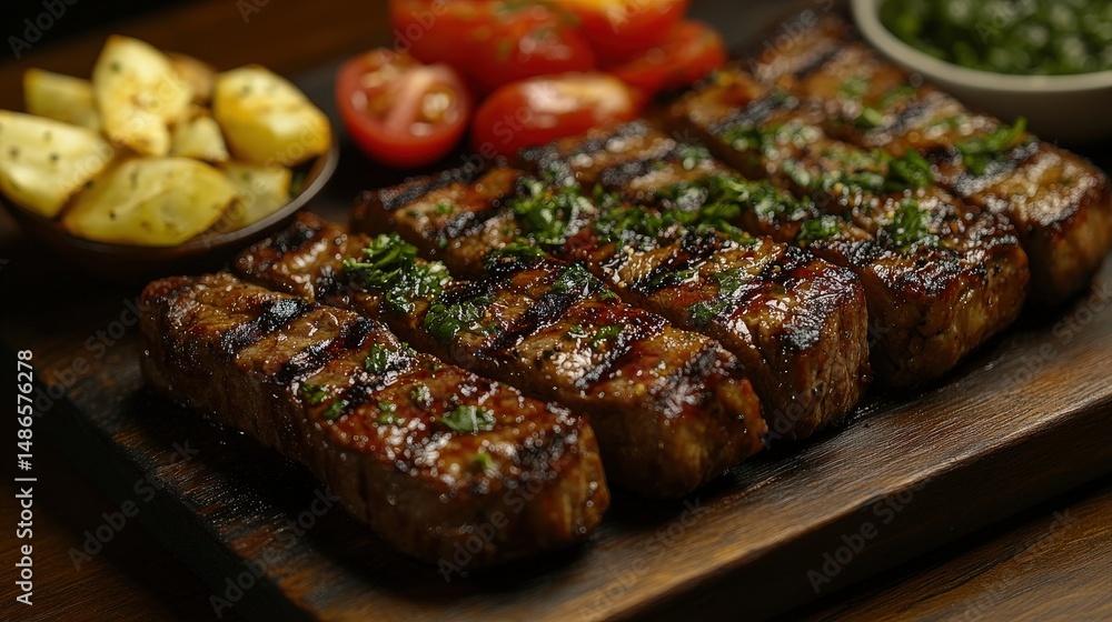 Grilled meat slices served with vegetables on a wooden board. Grilled meat slices served with vegetables on a wooden board.