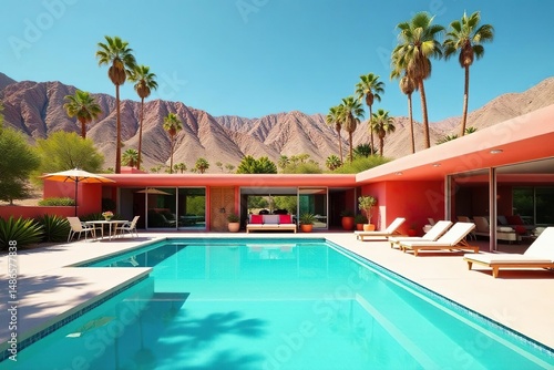 Mid-century modern architecture, Palm Springs Iconic desert landscape, swimming pool, vibrant colors, sunshine , concrete, windows, clean lines