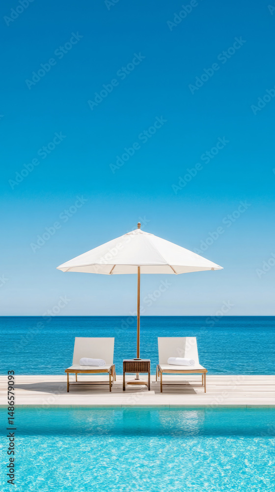 Obraz premium Luxurious poolside relaxation with sun loungers and ocean view for summer getaway inspiration