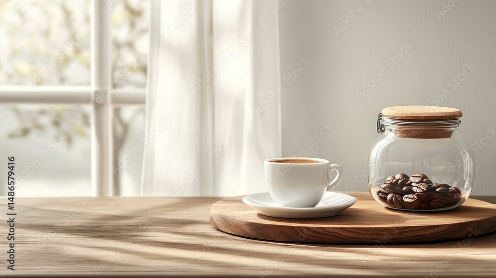 Fototapeta premium Coffee cup and beans on wooden tray by window natural sunlight