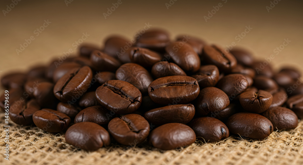 Fototapeta premium Pile of Roasted Coffee Beans with Coffee Cup Illustration