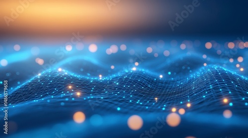 Abstract blue digital wave with glowing particles and bokeh effect.