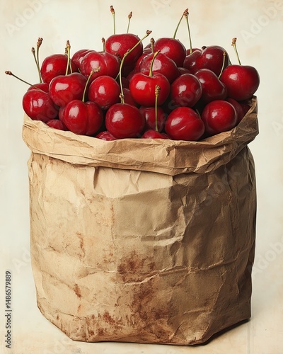 Fresh ripe red cherries in rustic brown paper bag on neutral background, organic summer fruit harvest and nutrition concept