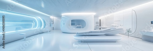 Futuristic biotech skin treatment center with high-tech features and a minimalist clinical atmosphere