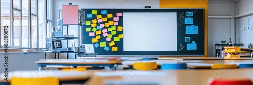 Modern classroom setup featuring smartboard with colorful sticky notes in golden spiral design and tech icons, ideal for interactive learning activities