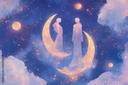 Surreal celestial lovers in dreamlike starry sky illustration