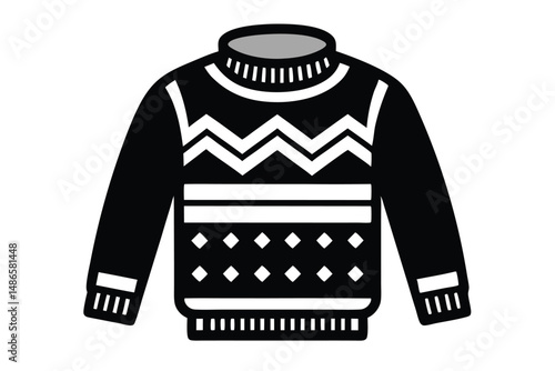 Stylized black winter sweater featuring a white zigzag pattern and diamond designs remains isolated