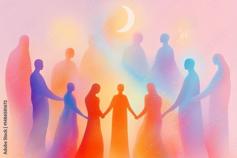 Surreal ethereal dance circle under crescent moon in vibrant abstract scene Surreal ethereal dance circle under crescent moon in vibrant abstract scene